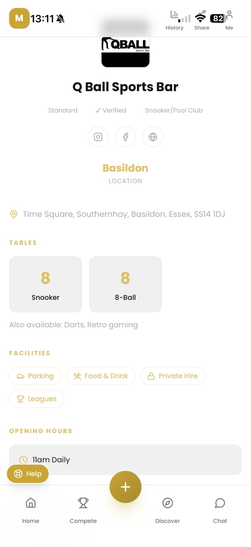 A venue page in MTCHMKR showing tables, facilities and opening hours