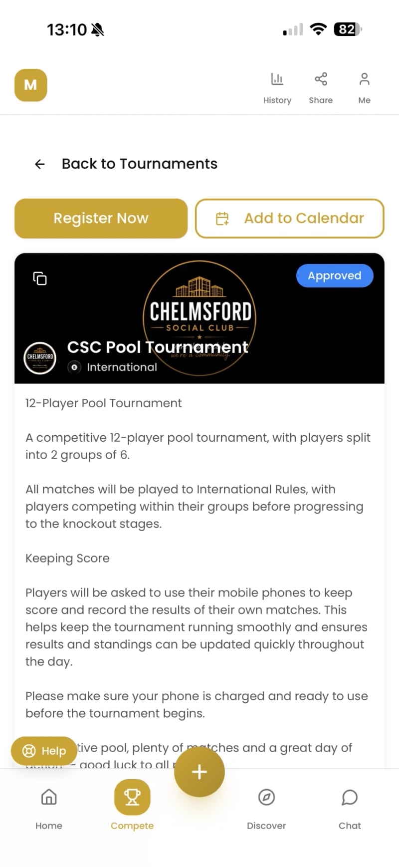 A tournament page with Register Now and Add to Calendar